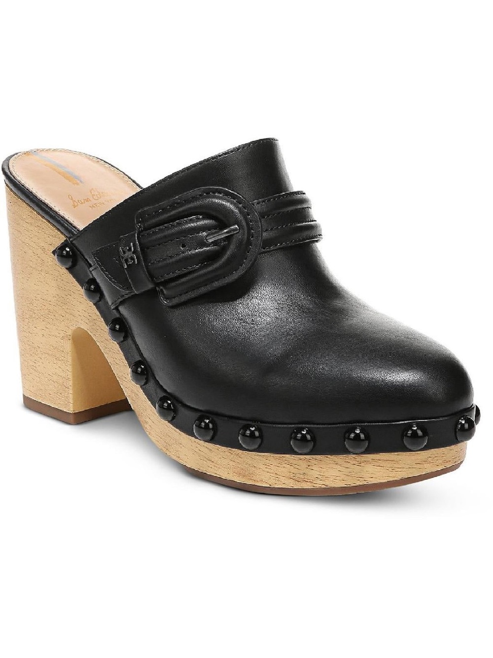 Sam Edelman Nyla Black Leather Studded Wood-Platform Clog Mule with Buckle